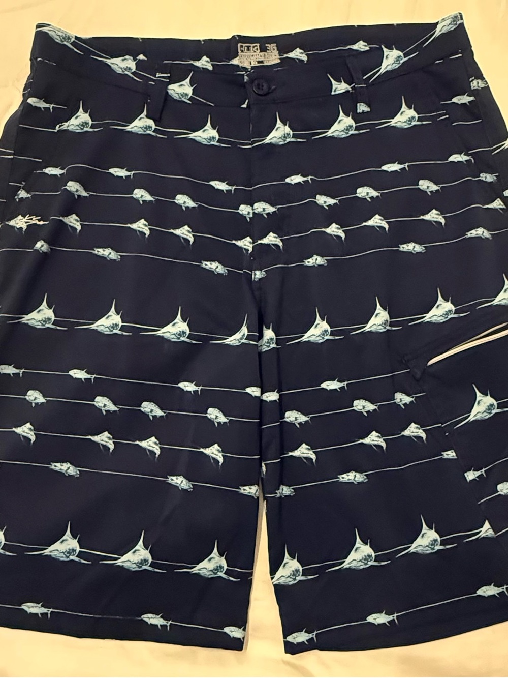 Huk Navy Shorts with Light Blue Marlin Print